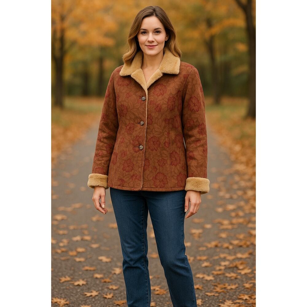 Barn coat Floral Faux Suede Sherpa Lined Jacket Women’s M Tan Cottagecore‎ Chore